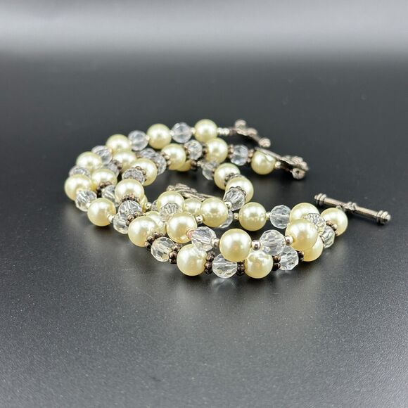 Set Faux Pearl Crystal Silver-tone Rose Toggle Necklace 16" Bracelet 7.5" - Picture 11 of 11